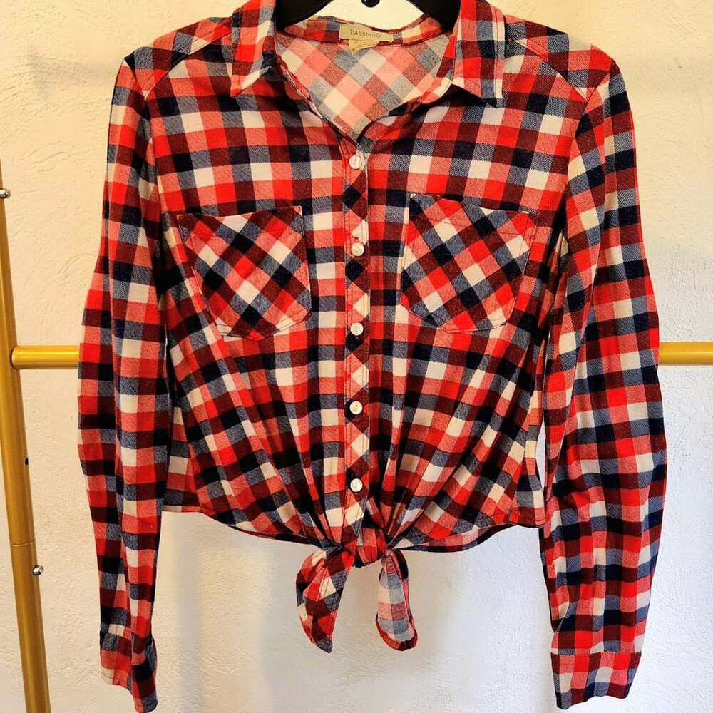 Passport Plaid Tie Front Button Down Shirt Size M Red Blue White